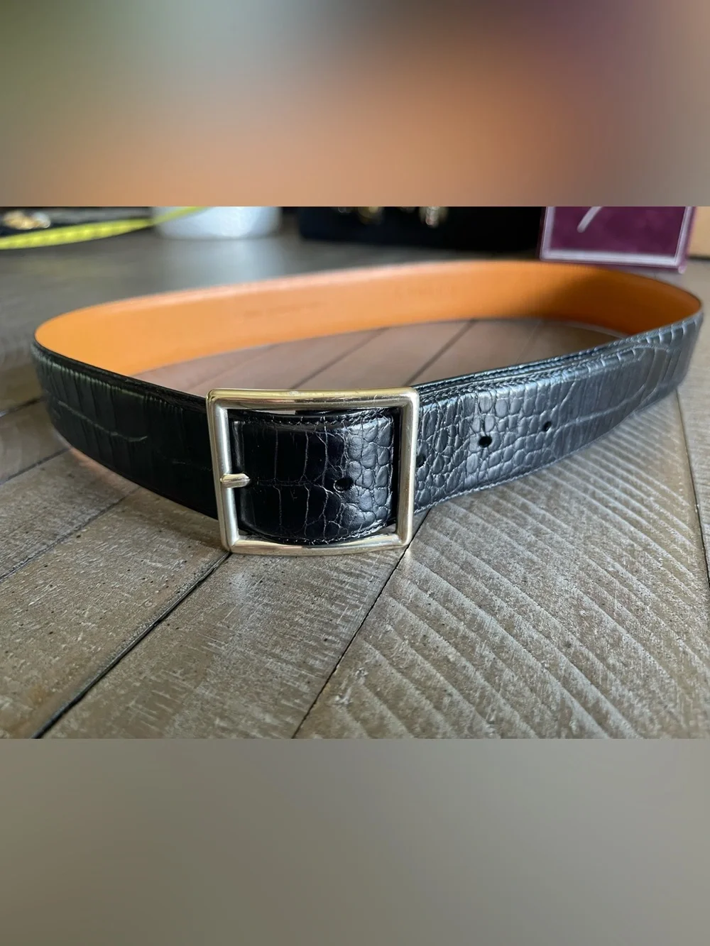 Vintage Lauren Ralph Lauren Black Croc-Embossed Leather Belt with SilverBuckle